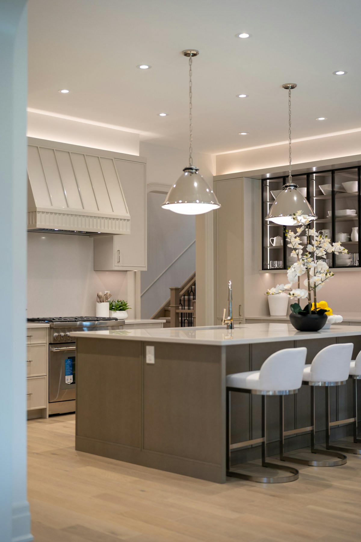 Modern kitchen with pendant lights above an island